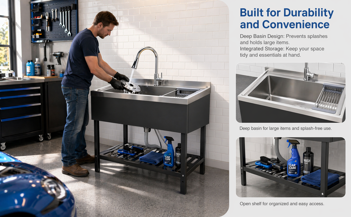 Stainless Steel Utility Sink with Pull-Out Faucet - Silver & Black