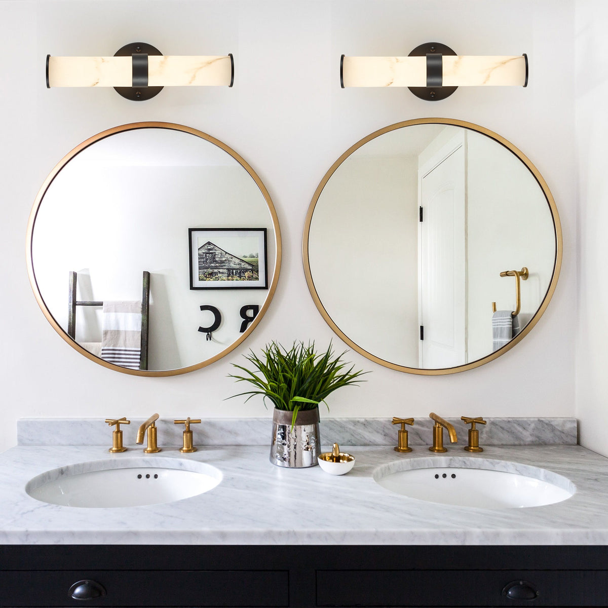 Resin Imitation Marble Texture Wall Light Set of 2 with Black Iron Frame
