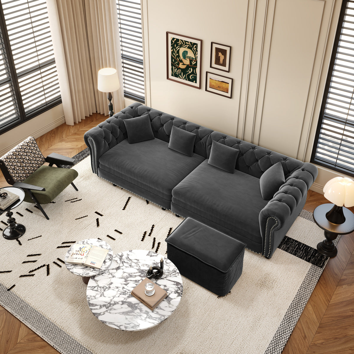 Chesterfield 3-in-1 Convertible Velvet Sofa Bed with Pull-Out Sleeper - Grey
