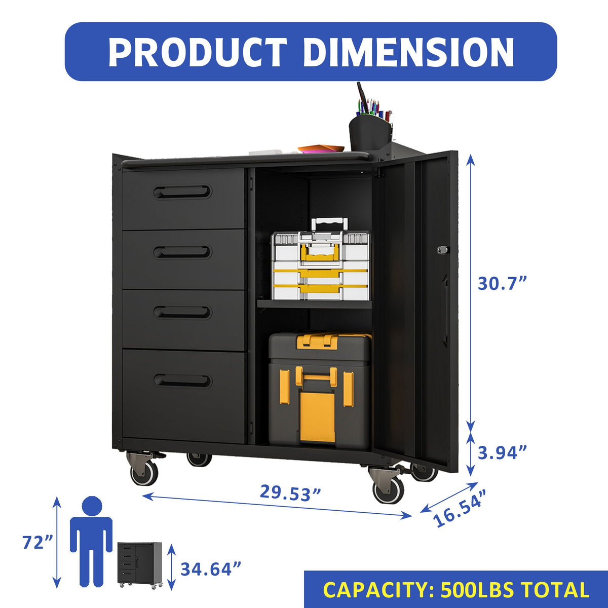 Sturdy Metal Tool Storage Cabinet with Lockable Wheels and Drawers - Gray or Black