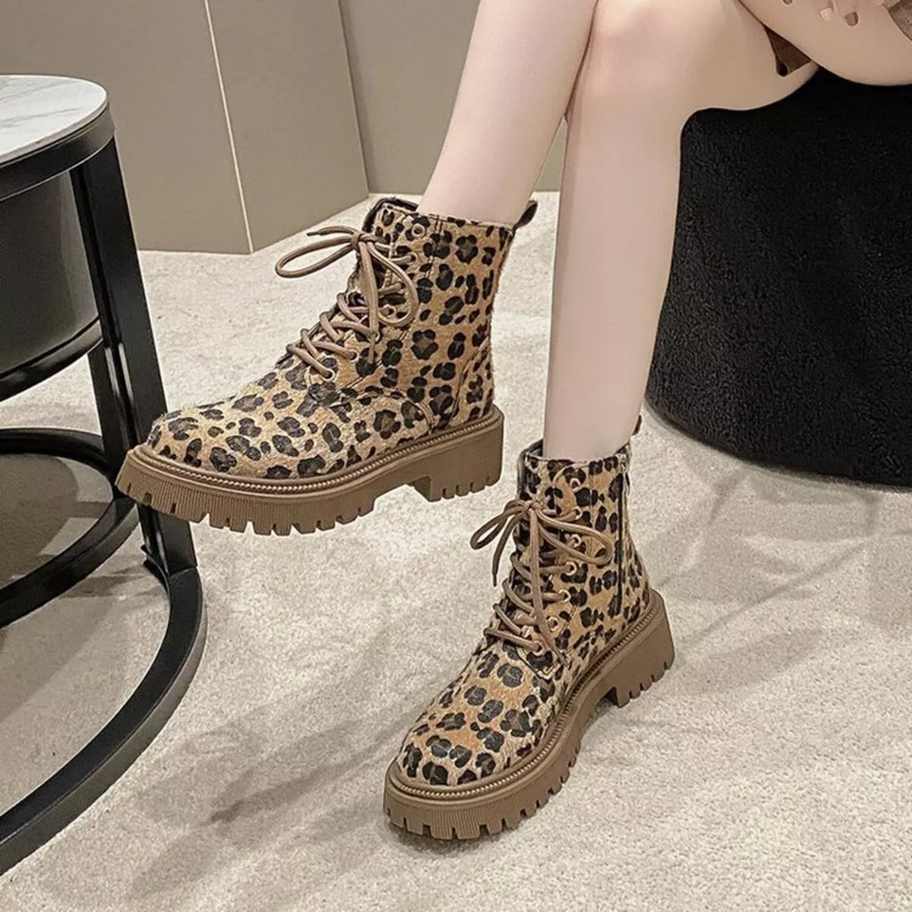 Animal Print Lace-Up Ankle Boots