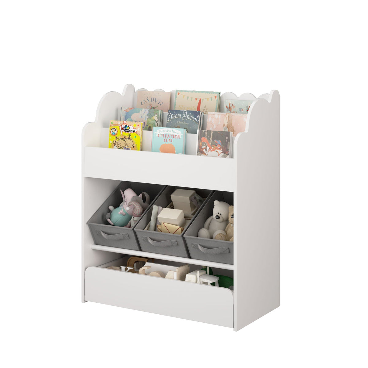 Bookshelf With Storage Bins and Drawer – Multi Functional Book Organizer for Toddlers - White