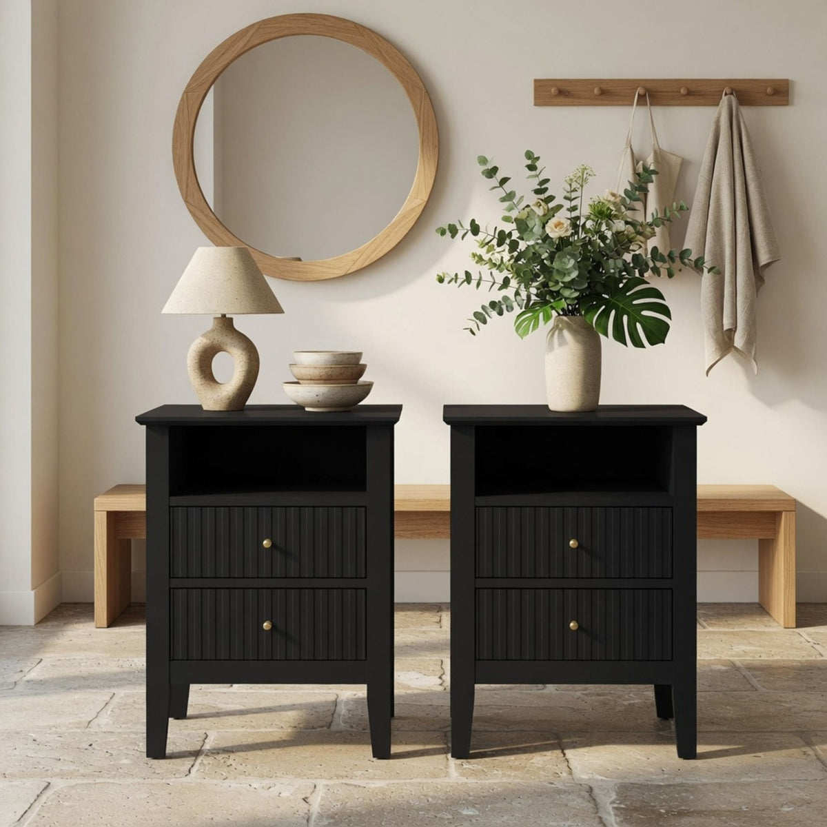Fluted Nightstand with 2 Drawers and Soft-Close Slides - Multiple Colors