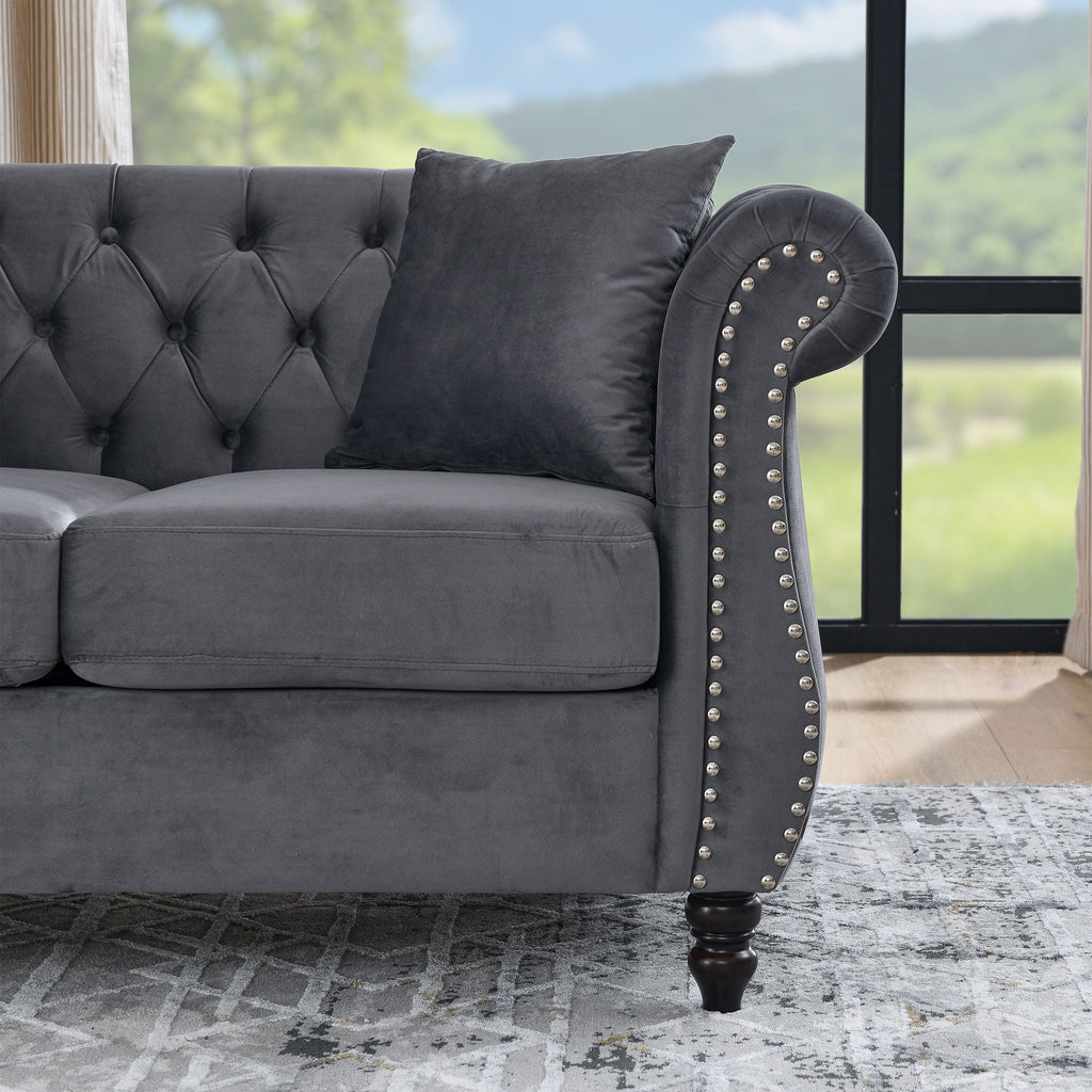Chesterfield Sofa with Rolled Arms and Nailhead Trim – Solid Wood Frame