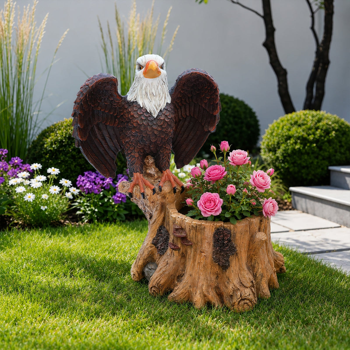 Majestic Eagle Garden Planter Pot with Tree Stump Base