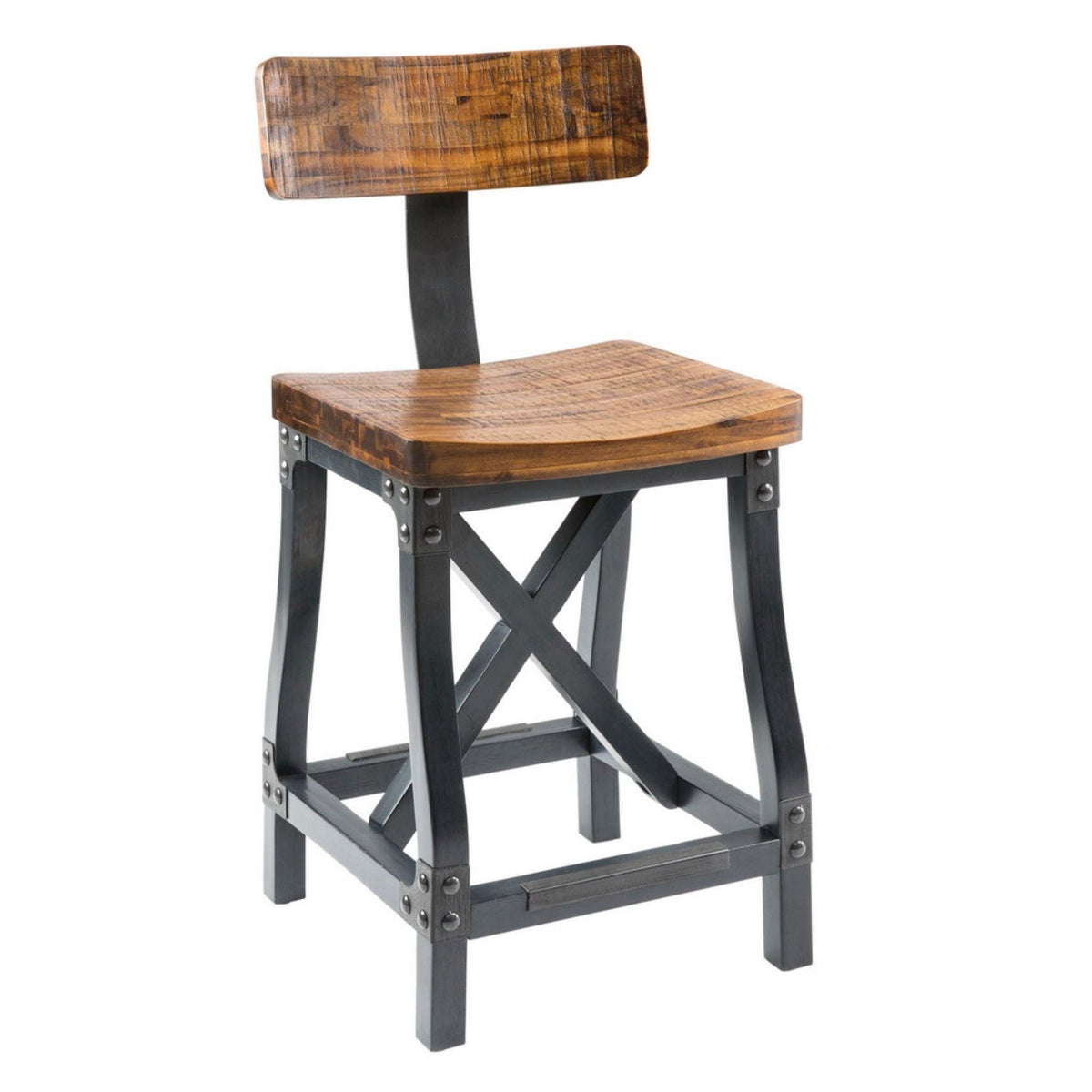 Industrial Counter Stool With Removable Back - Solid Acacia Wood - Amber