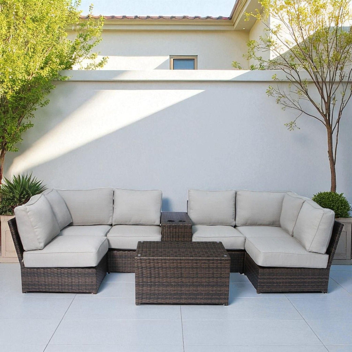 Modular Wicker Patio Seating Group with Cushions - Gray or Dark Brown