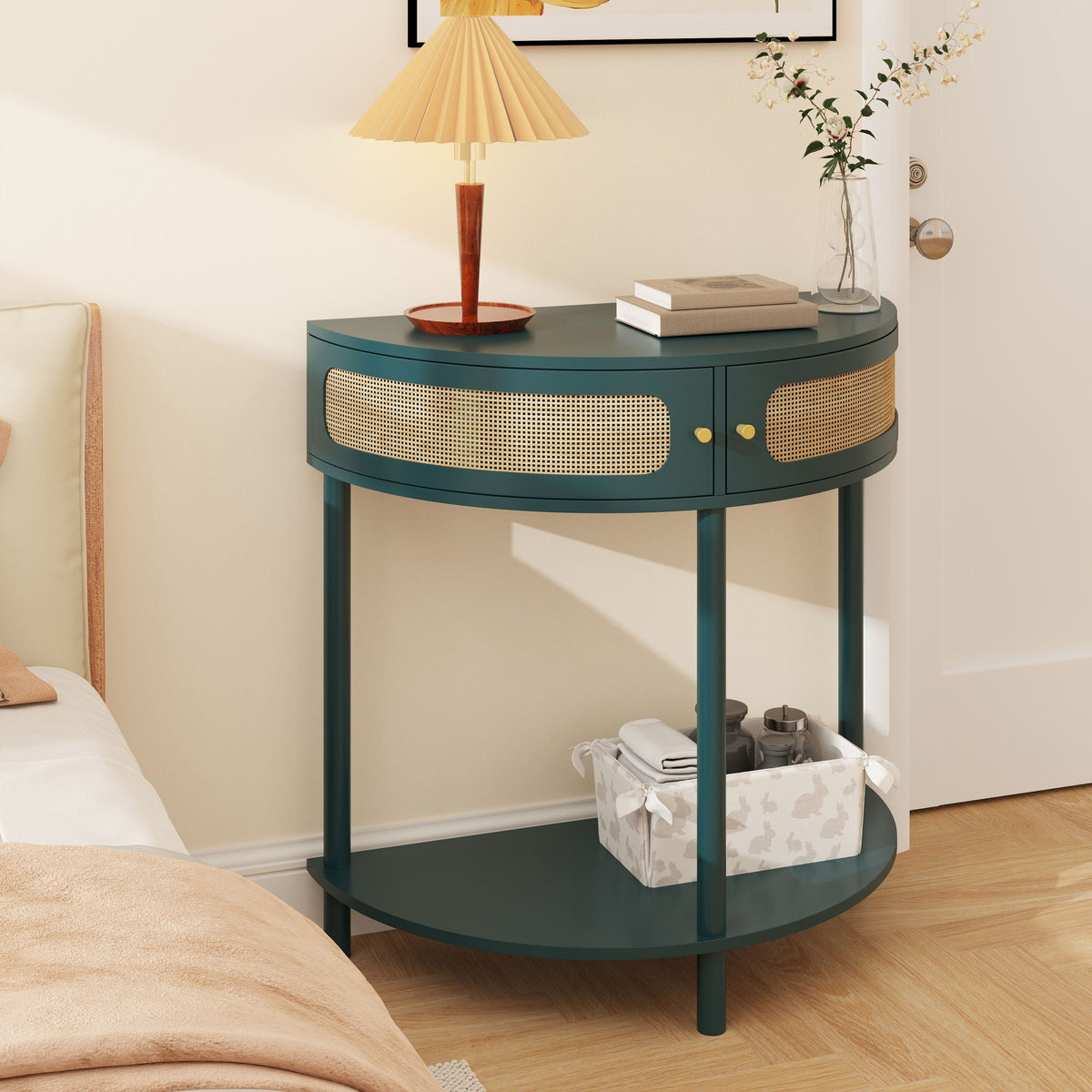 Boho Rattan Semi Circle End Table with Sliding Door and Storage - Black or Dark Green
