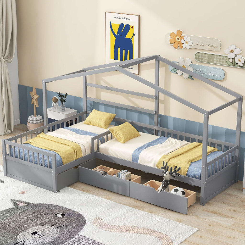 L Shape Twin Platform Bed with 3 Storage Drawers - Dark Gray or White