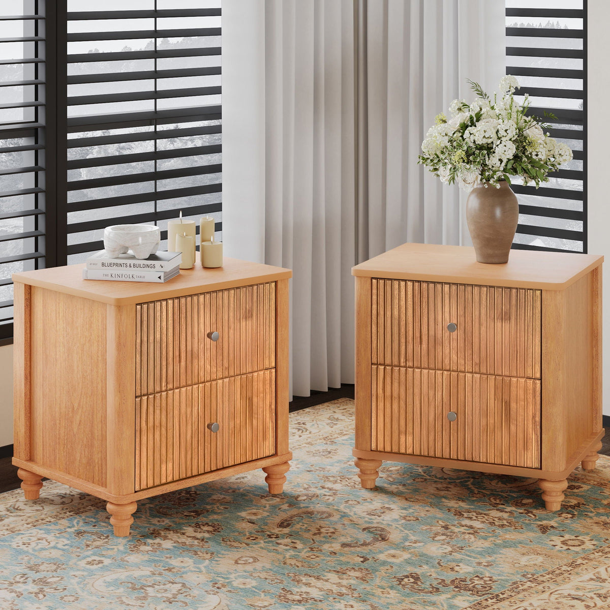 Modern Fluted Nightstand with 3 Drawers - Dark Brown or Light Brown