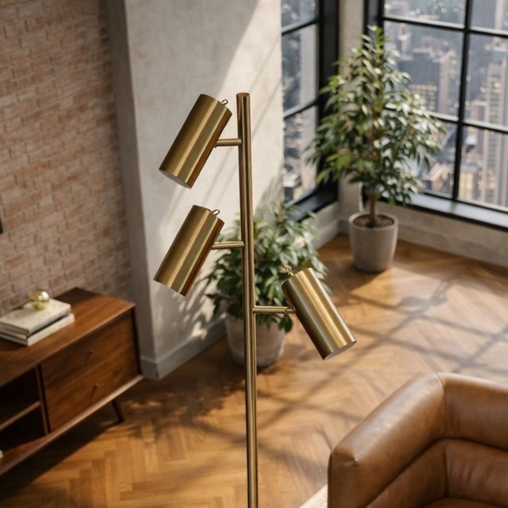 Lumina Floor Lamp With Rotary Switch Triple Spots Cone Base - Gold