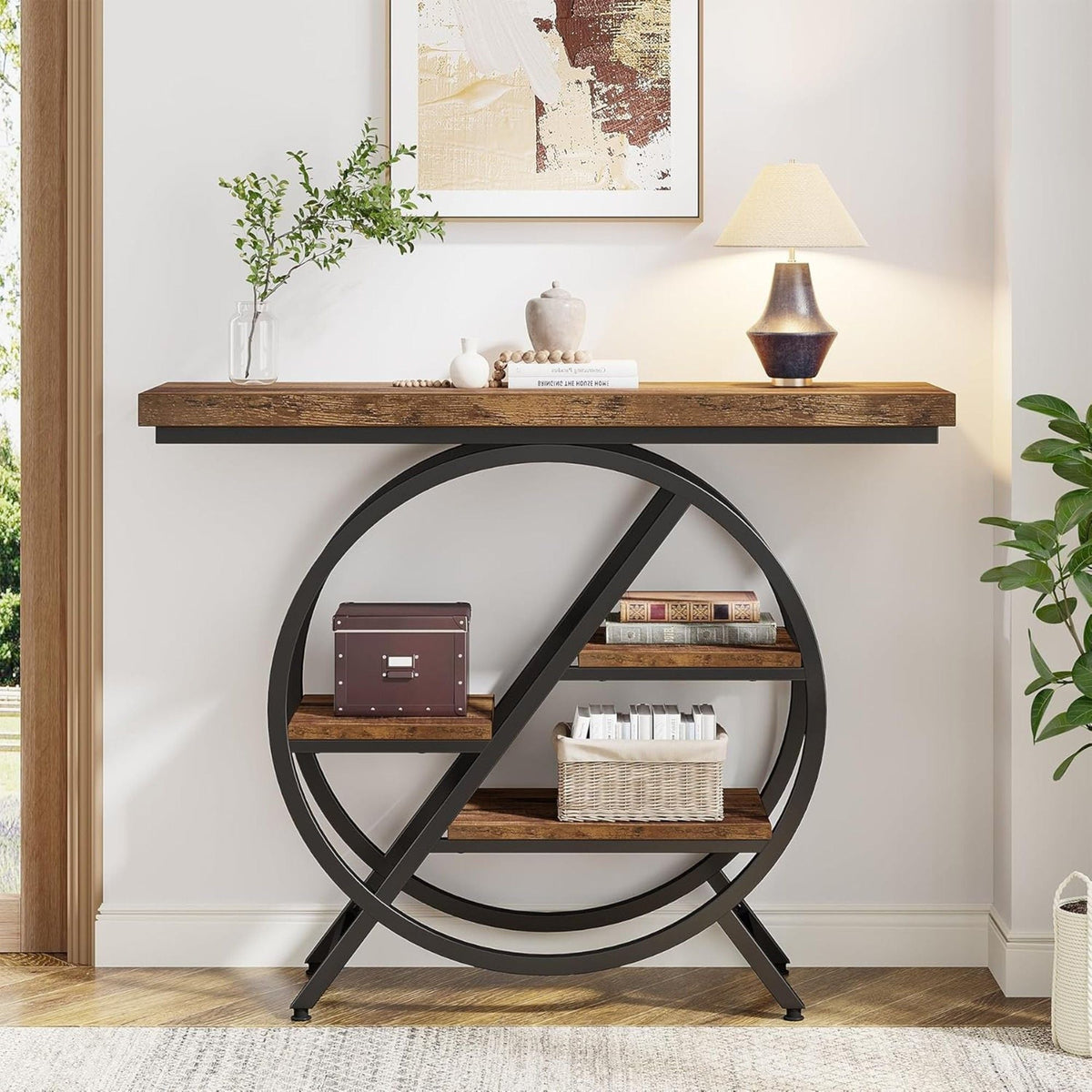 4 Tier Entryway Console Table with Geometric Circle Frame & Storage Shelves - Rustic Brown