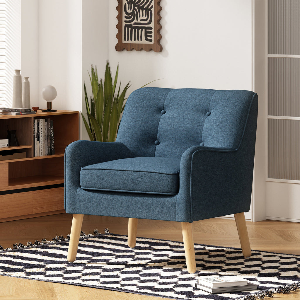 Mid-Century Modern Armchair with Tufted Fabric and Solid Wood Legs - Beige or Blue