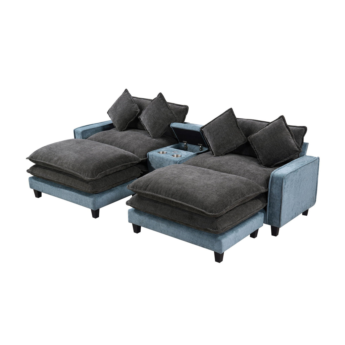 Sectional Sofa With Storage and Removable Ottomans - Gray / Light Blue