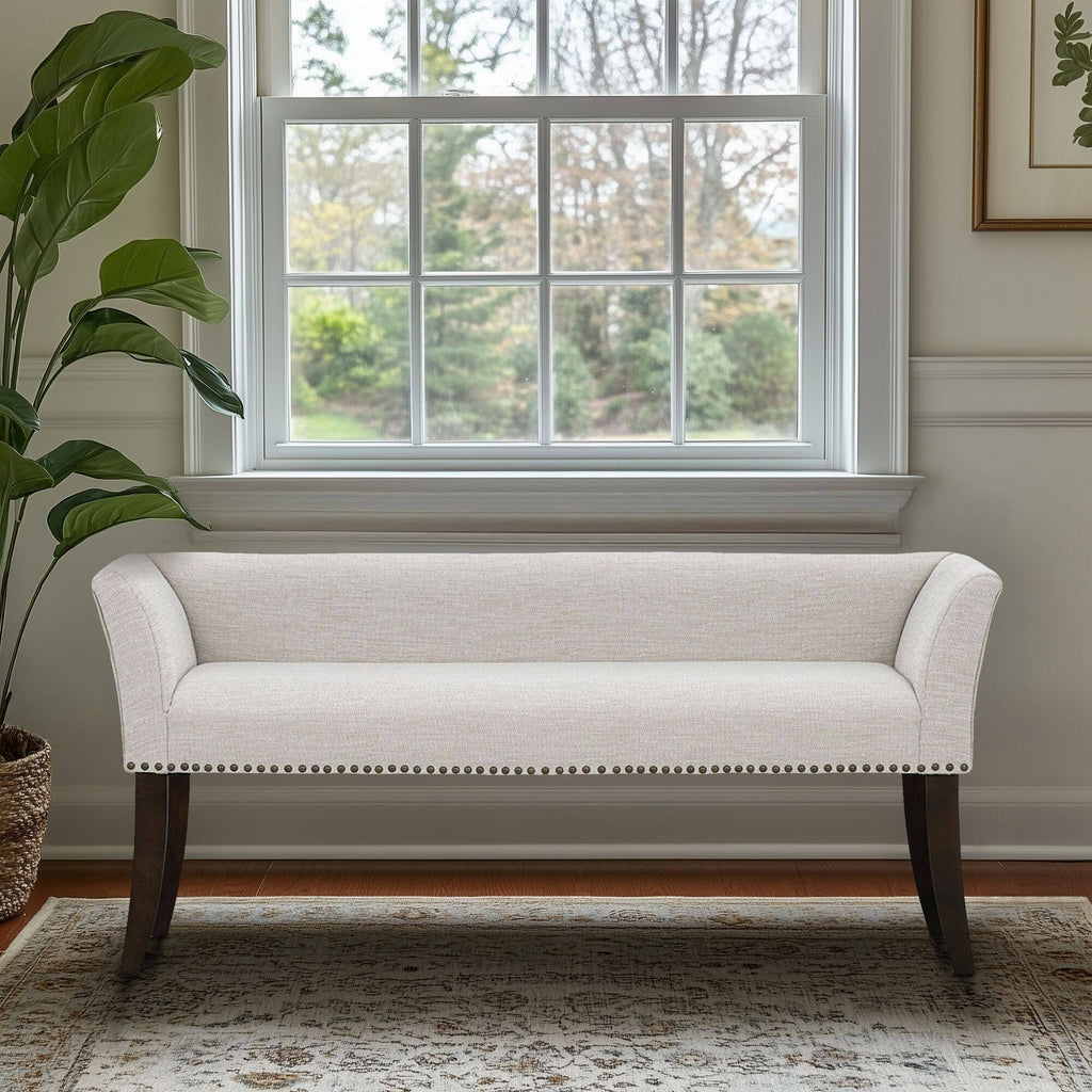 Welburn Upholstered Bench with Low Back and Flared Arms - Blue, Light Blue, or Beige