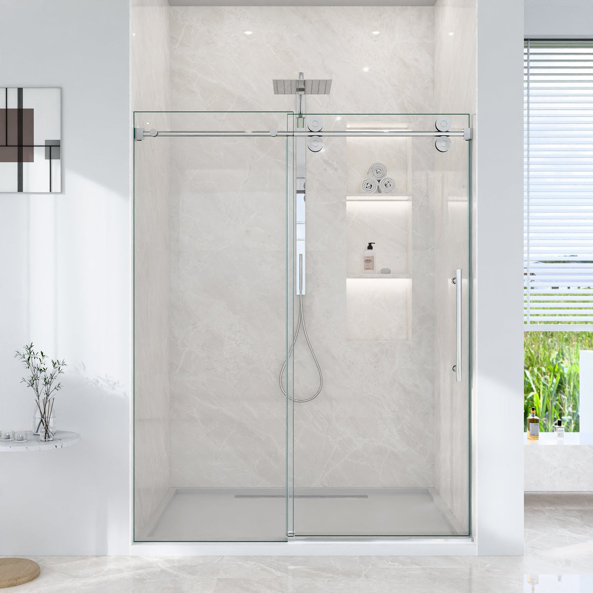 56-60"W Frameless Sliding Shower Door with Clear Tempered Glass - Chrome
