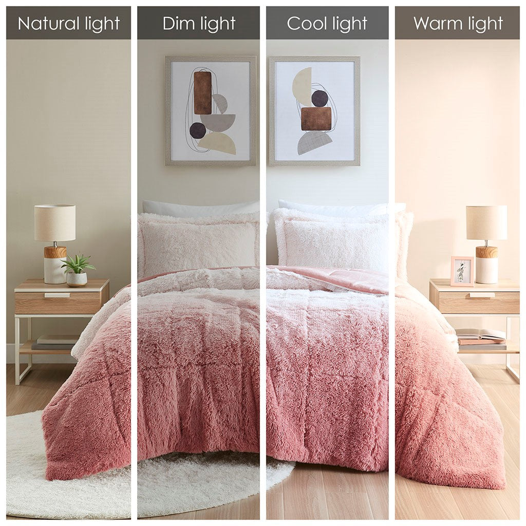 Ombre Shaggy Long Fur Twin/Twin XL Comforter Mini Set with Hypoallergenic Filling - Blush or Grey