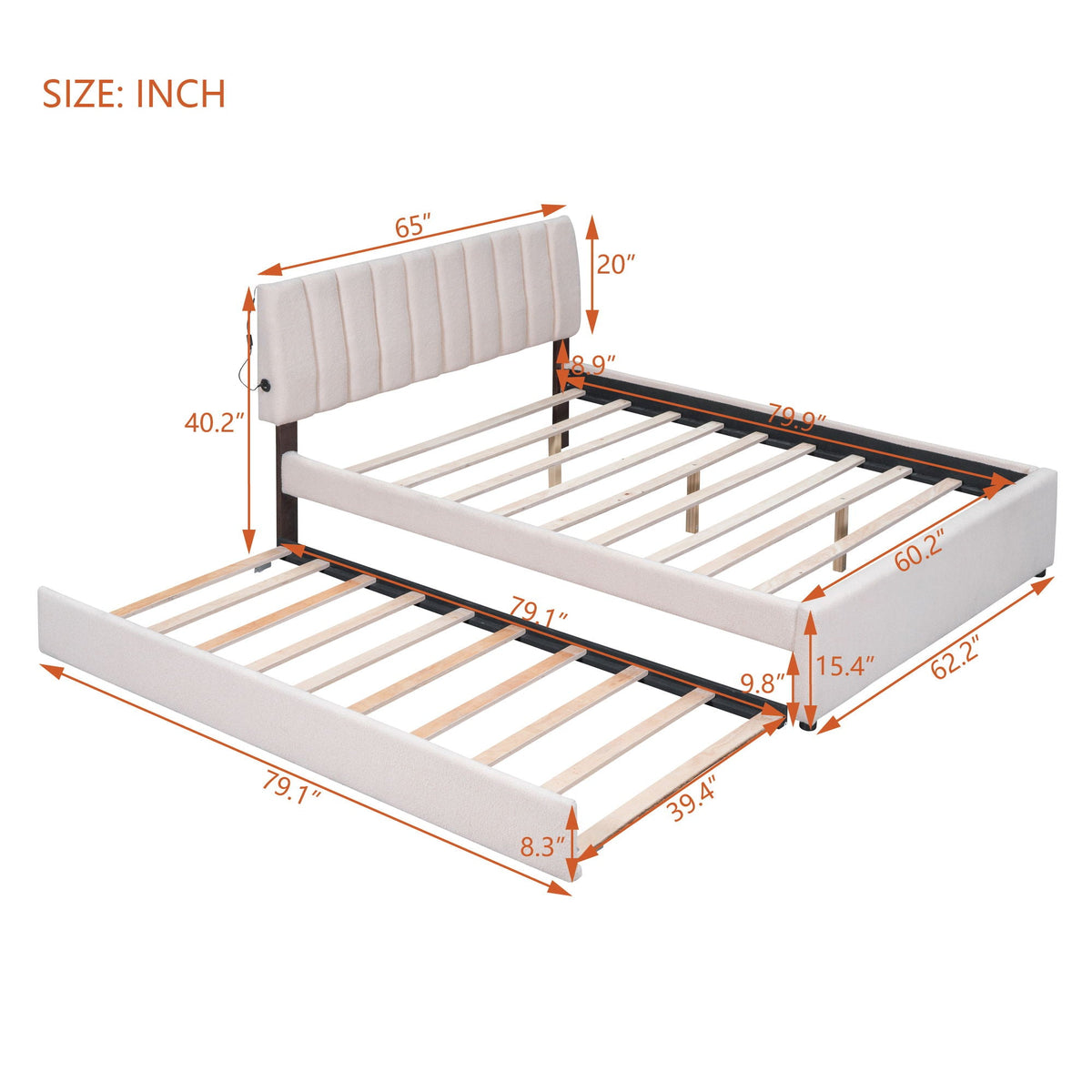 Upholstered Platform Bed With Trundle and LED Lights - Full or Queen
