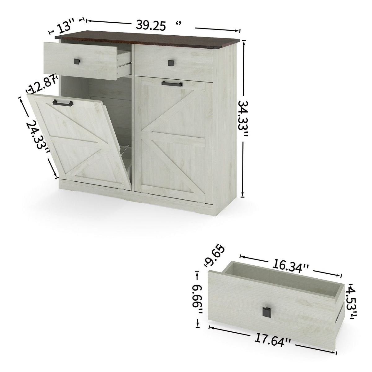 Double Tilt Out Trash Cabinet with Hideaway Drawer - Barn Door Style