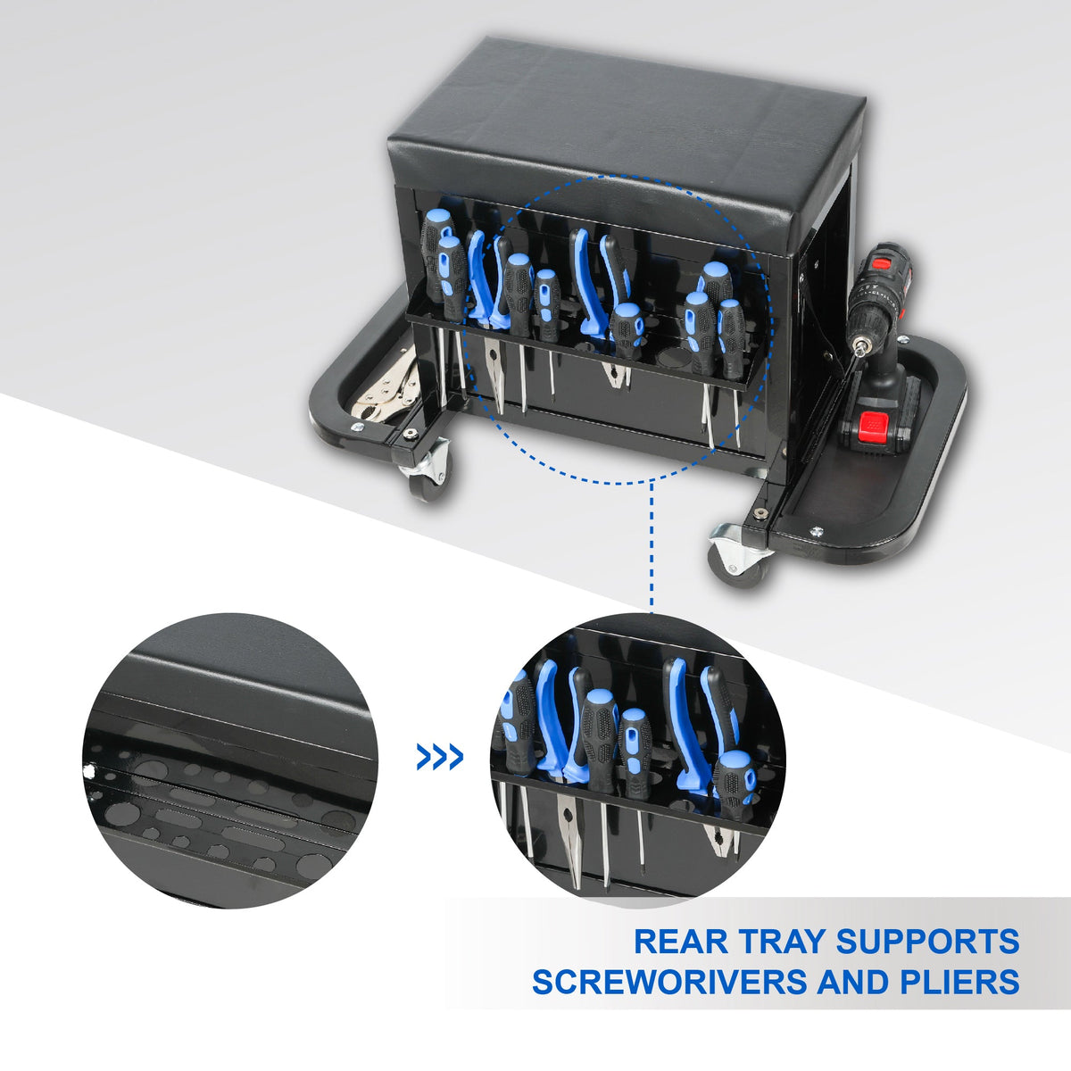 3-Drawer Tool Chest Rolling Mechanic Seat with Tool Trays - Steel