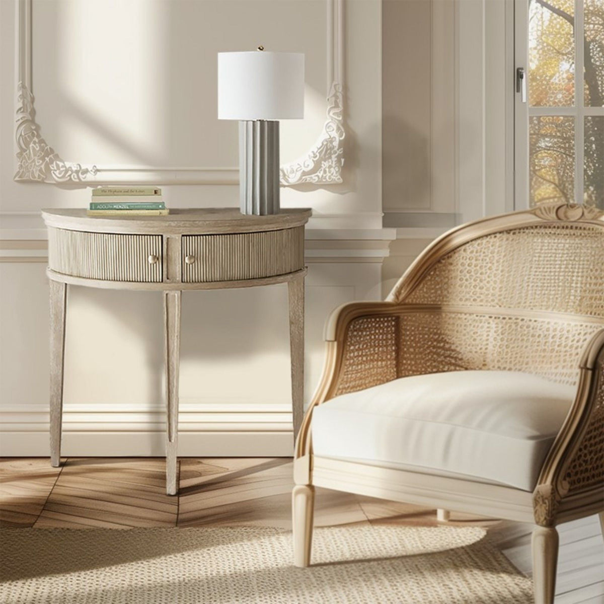 Vintage Inspired Storage Console Table with Fluted Doors - Light Brown