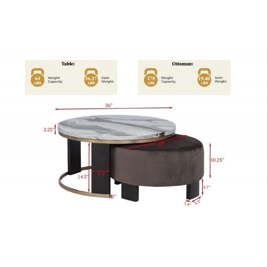 Nesting Round Coffee Table with Ottoman - Faux Marble Top - Gold/Brown