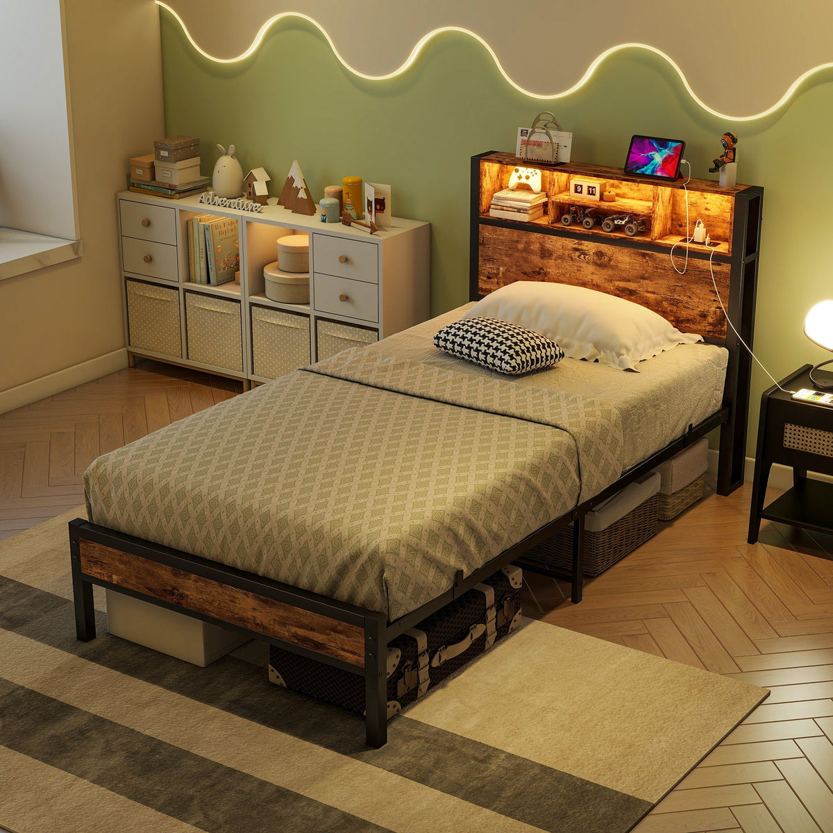 Modern Twin Size Metal Platform Bed Frame with Storage Headboard & Charging Station - Brown