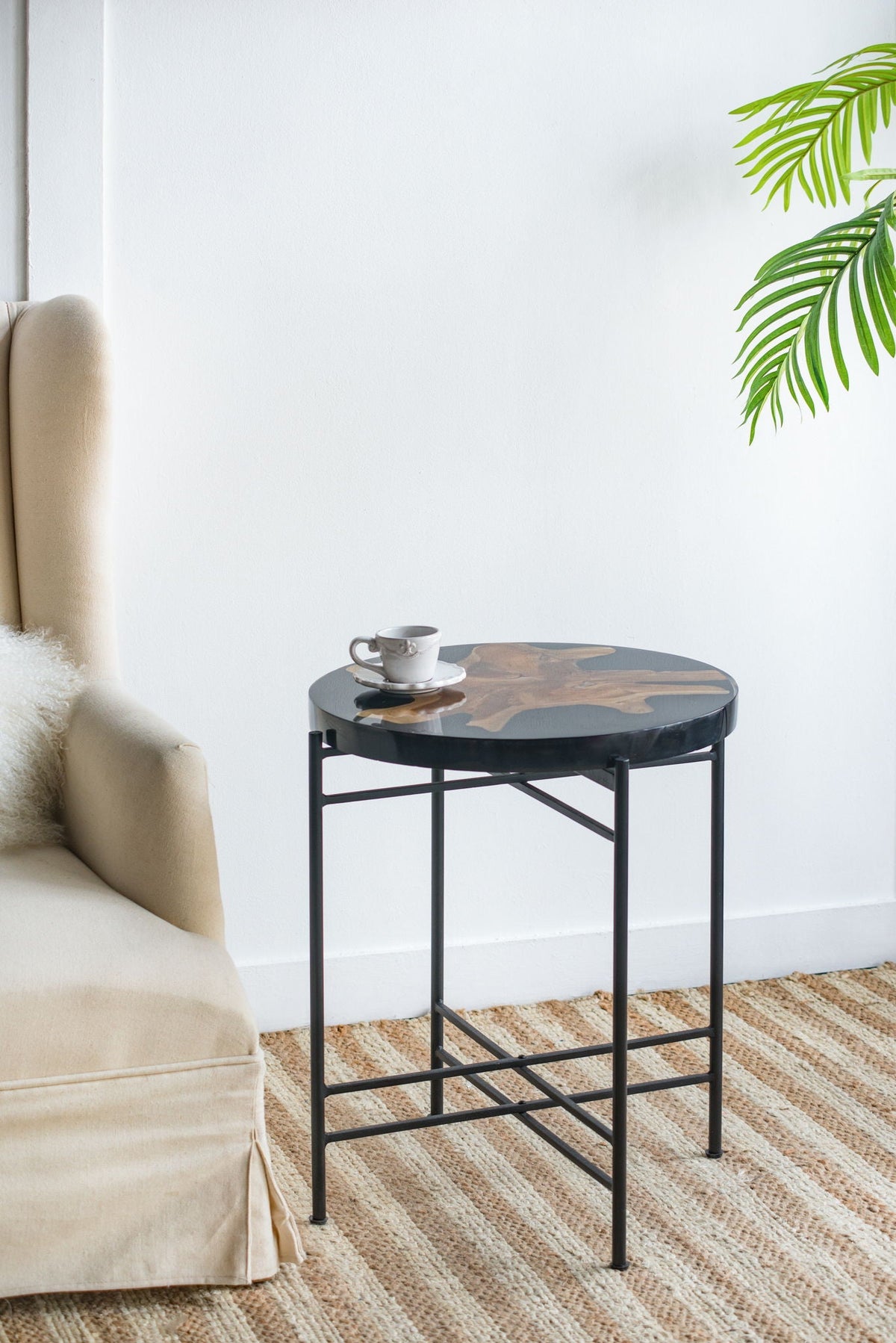 Black and Brown Side Table with Teak Root Wood and Iron Frame