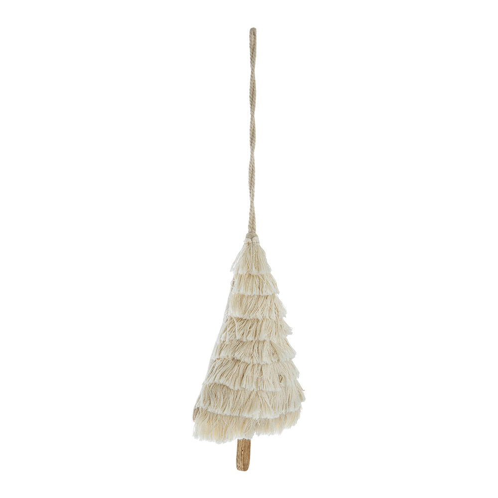 Fringes Embellished Tree Shape Ornament Set of 6 with Cotton Fringe - Natural
