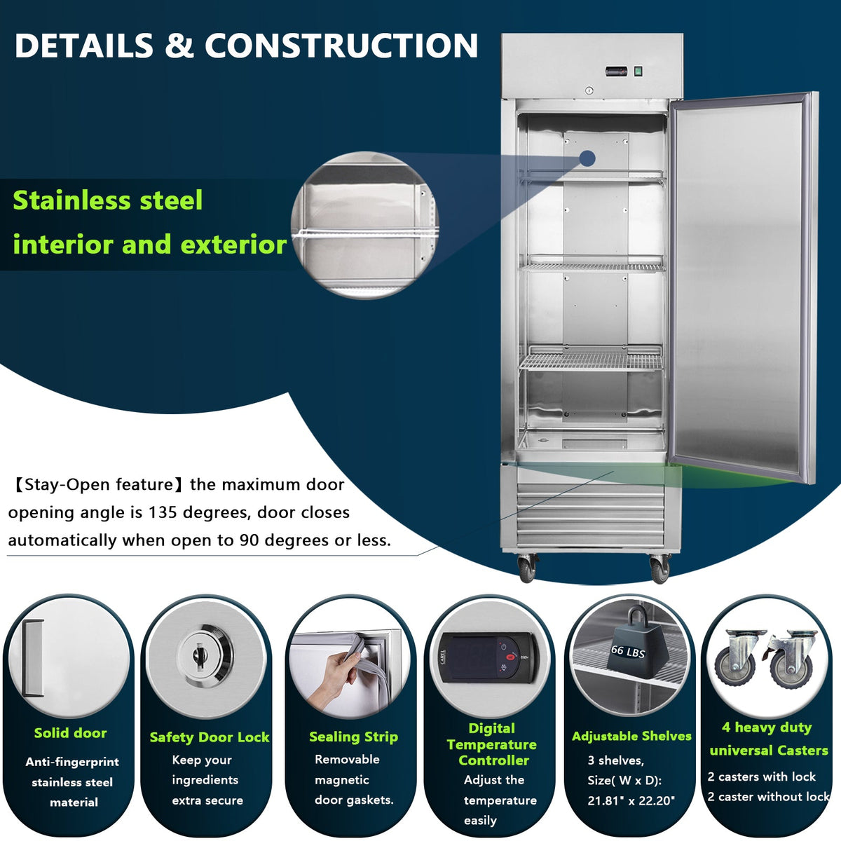 27" Commercial Refrigerator with Stainless Steel Construction - Solid Door