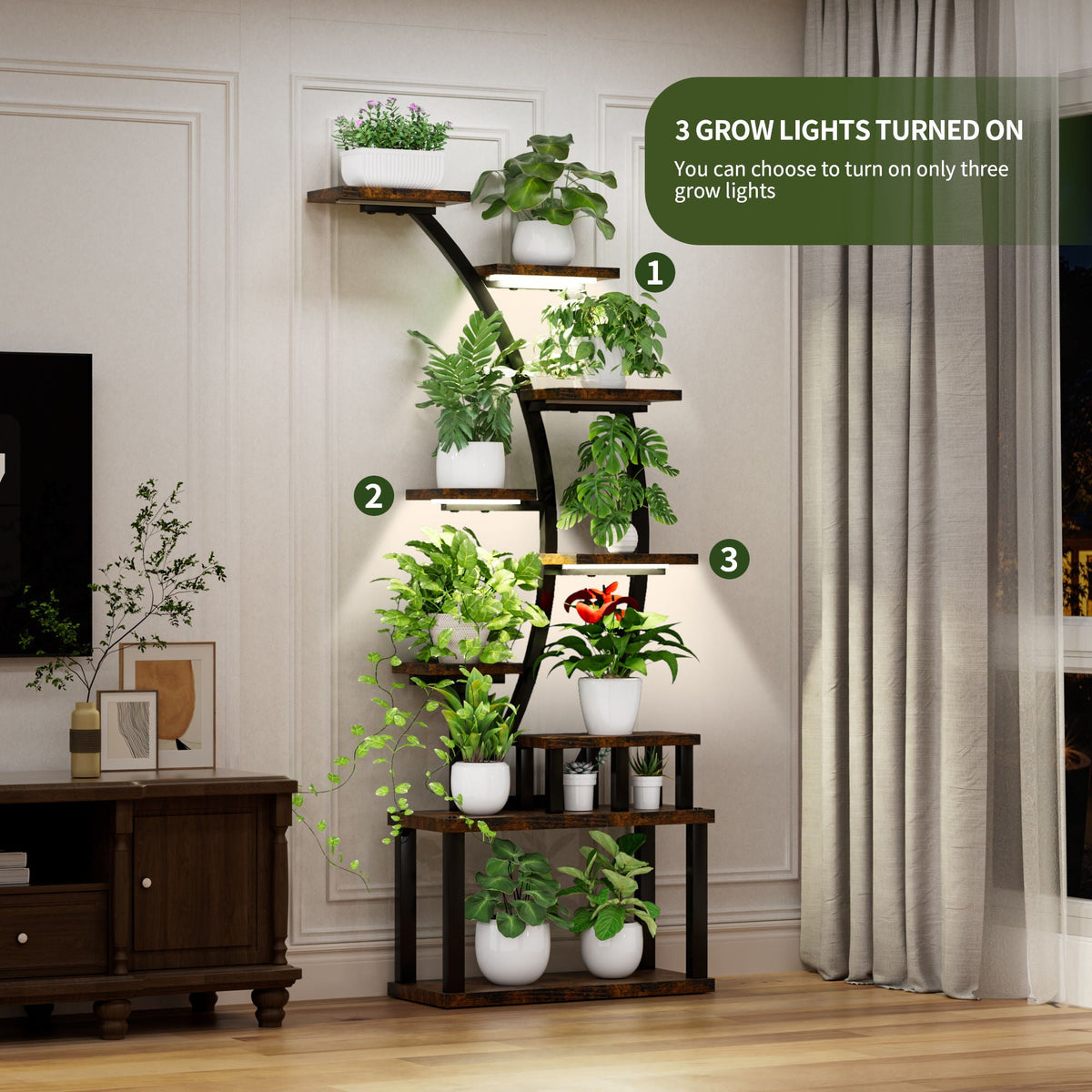 9 Tiered Indoor Plant Stand with 5 Adjustable Grow Lights - Light Brown