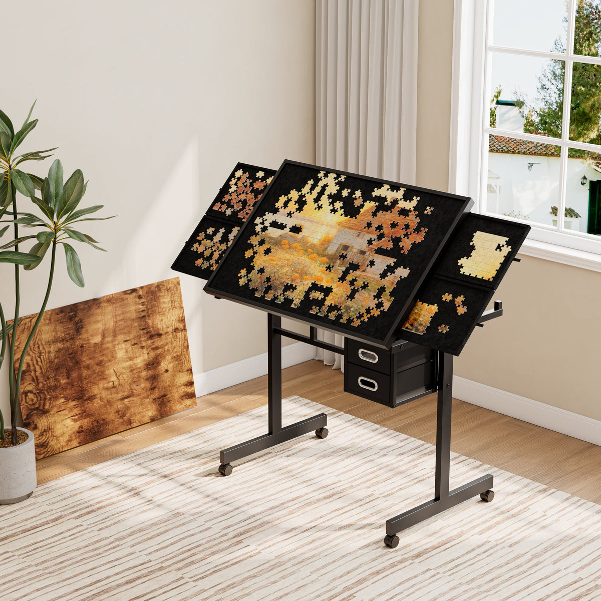 Jigsaw Puzzle Table with Storage and Drawers - Black Metal & MDF