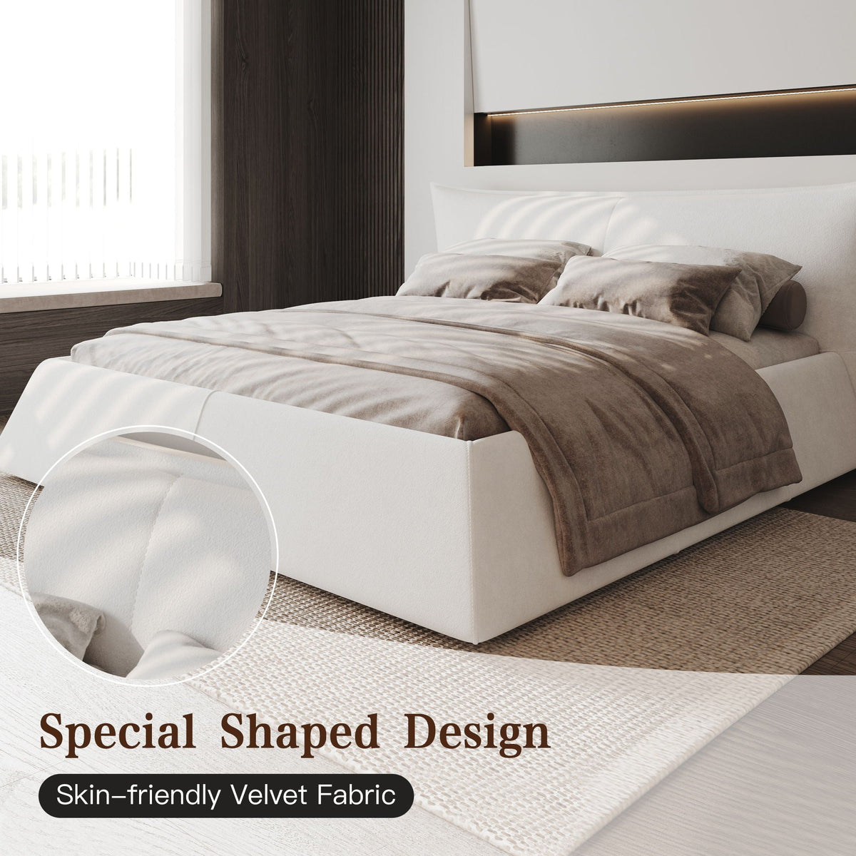 Upholstered Platform Bed with Special Shaped Headboard - Black or Beige