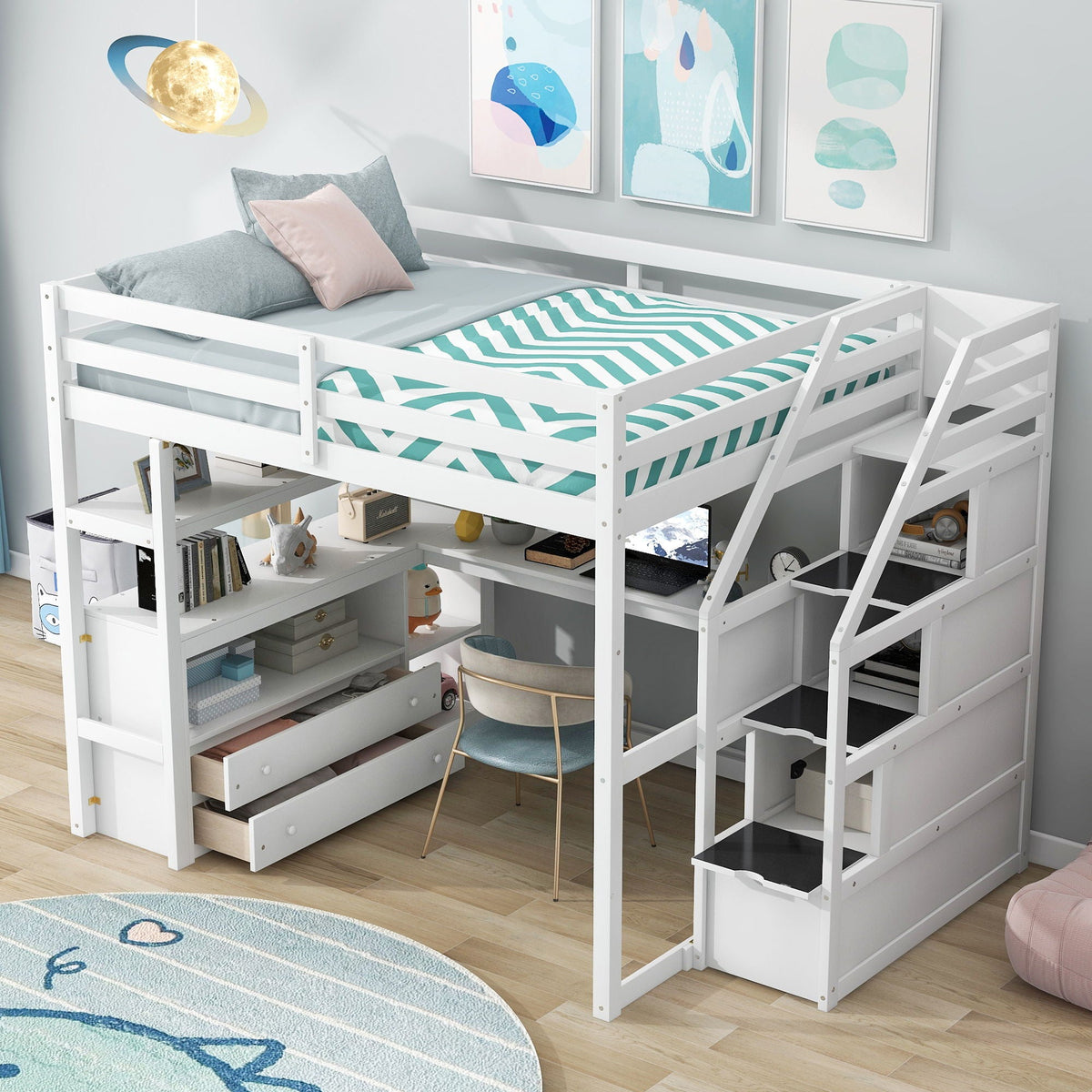 Loft Bed with Desk and Storage Staircase - Full or Twin, White or Gray