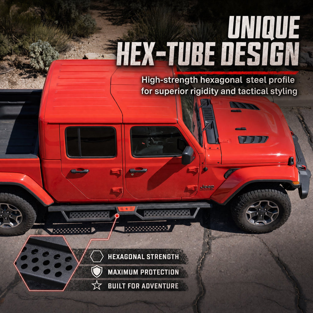 Hexagonal Style Running Boards with Carbon Steel Construction - Black