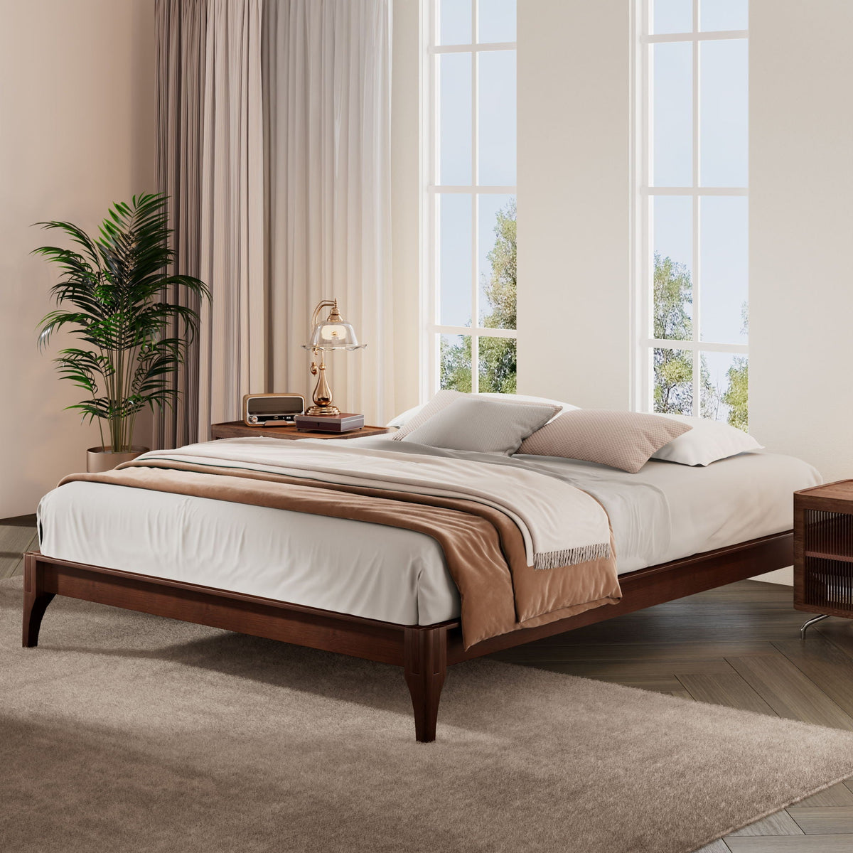 Queen Size Platform Bed Frame With Wood Slat And Metal Support - Chocolate