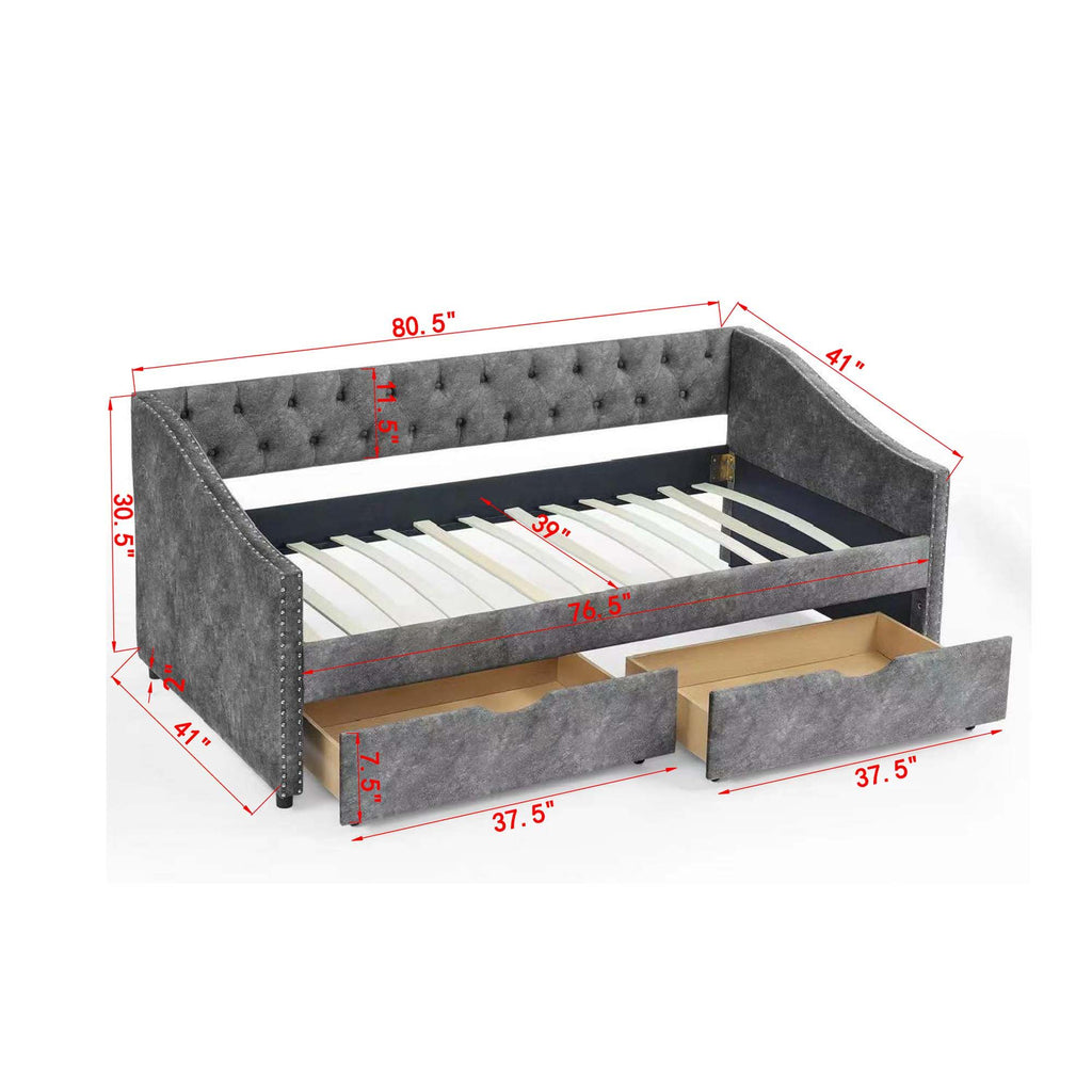 Upholstered Tufted Daybed with 2 Drawers and Waved Arms - Multiple Colors