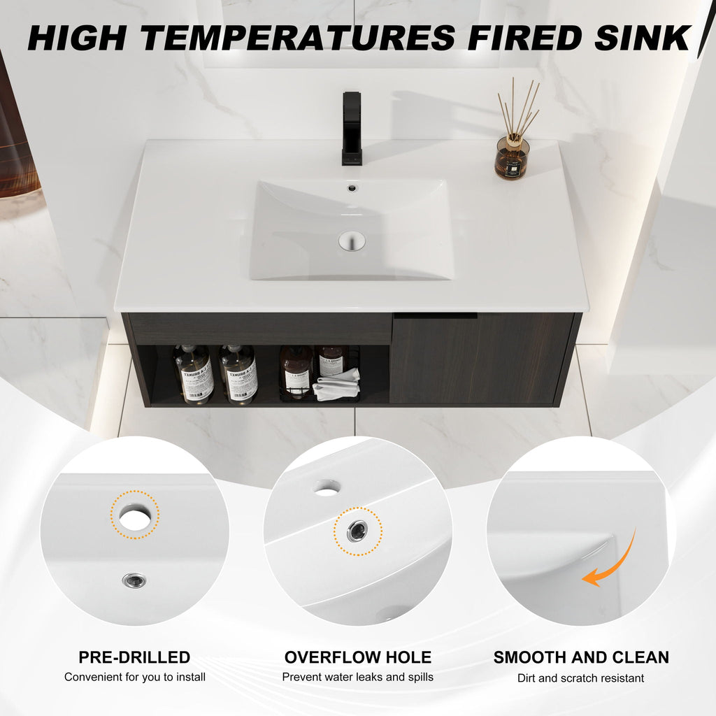 Wall Mounted Floating Bathroom Vanity with Open Shelf & Soft Close Door - Dark Brown