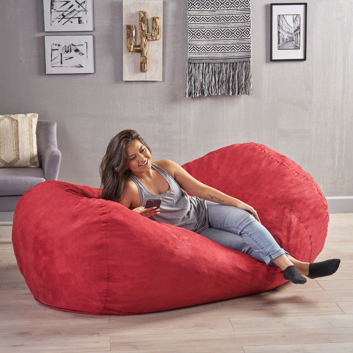 Traditional Cylindrical Suede Bean Bag Chaise - Light Brown or Red