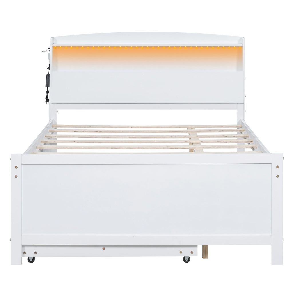Full Size Platform Bed with Storage LED Headboard and Twin Trundle - White