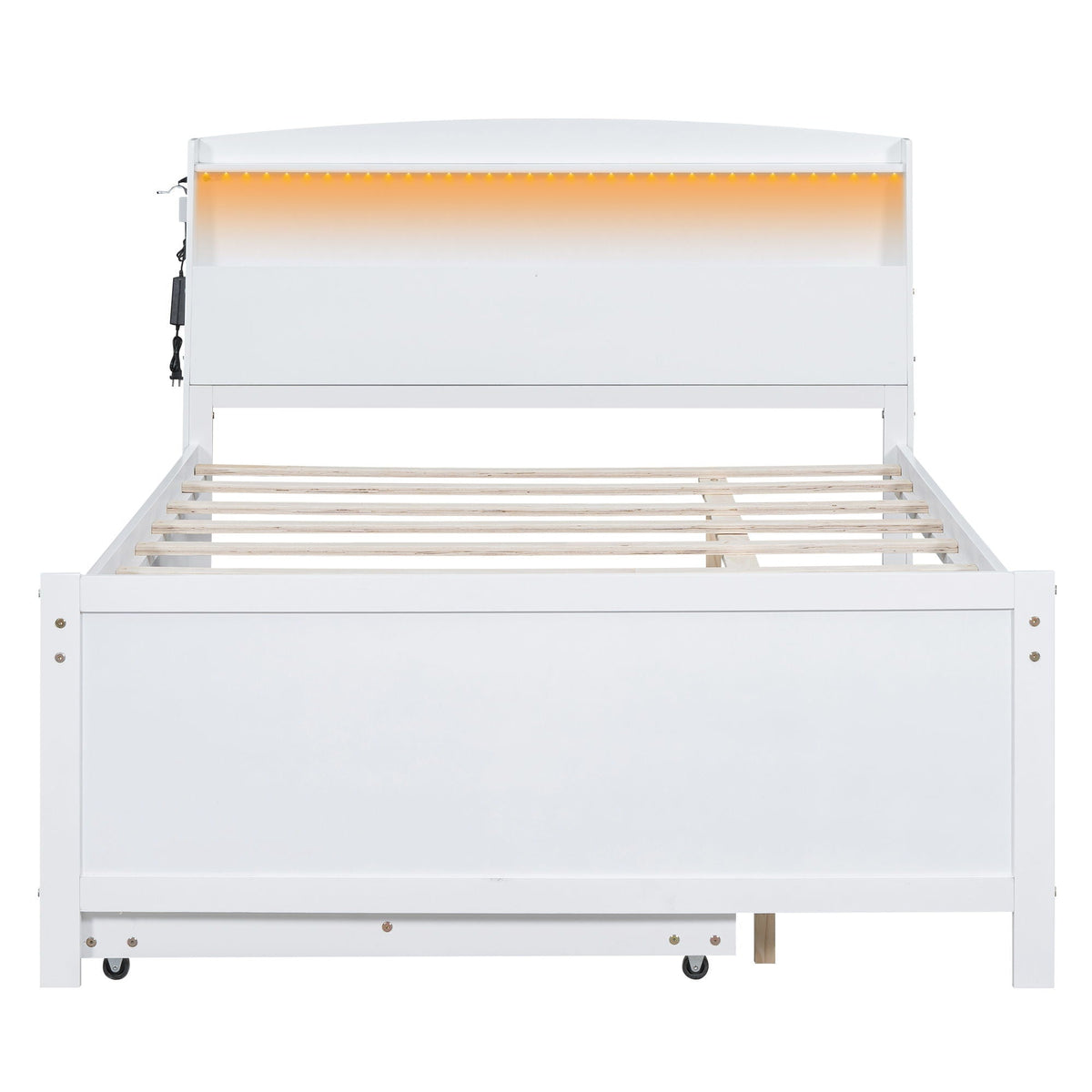 Full Size Platform Bed with Storage LED Headboard and Twin Trundle - White