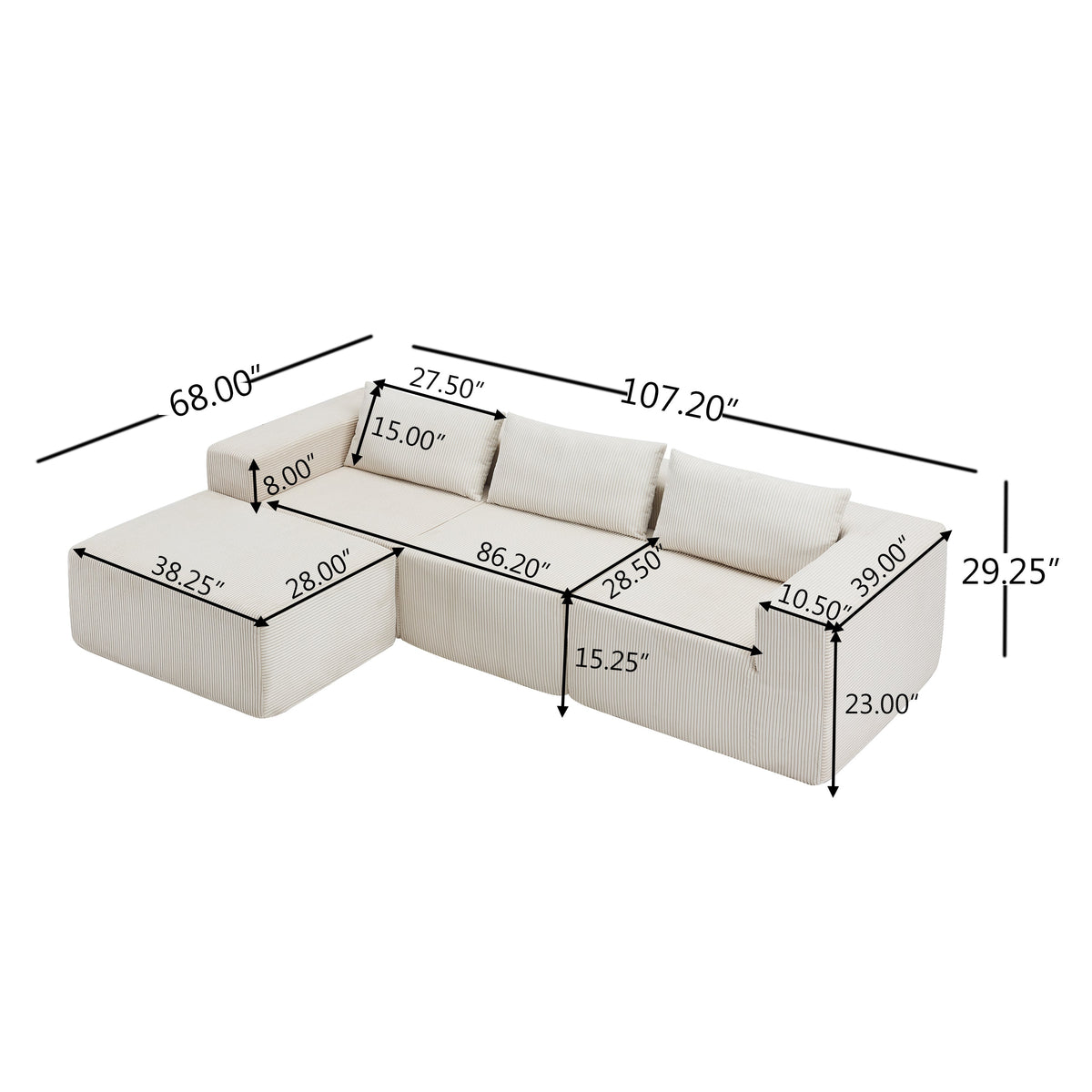 107" Compressed Sectional Sofa with High-Density Cushions - Beige