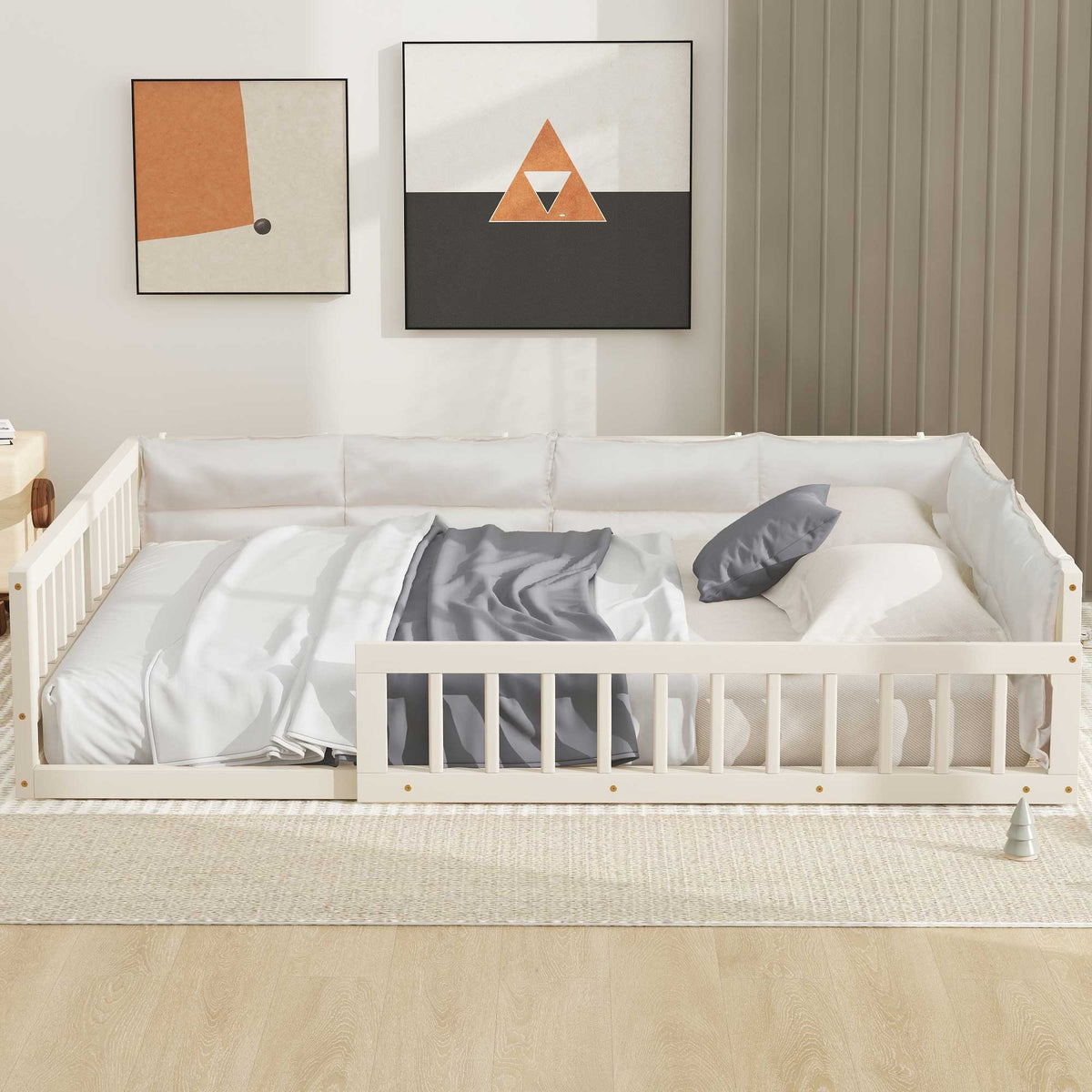 Upholstered Platform Bed with Guardrail and Pillow - Dark Gray