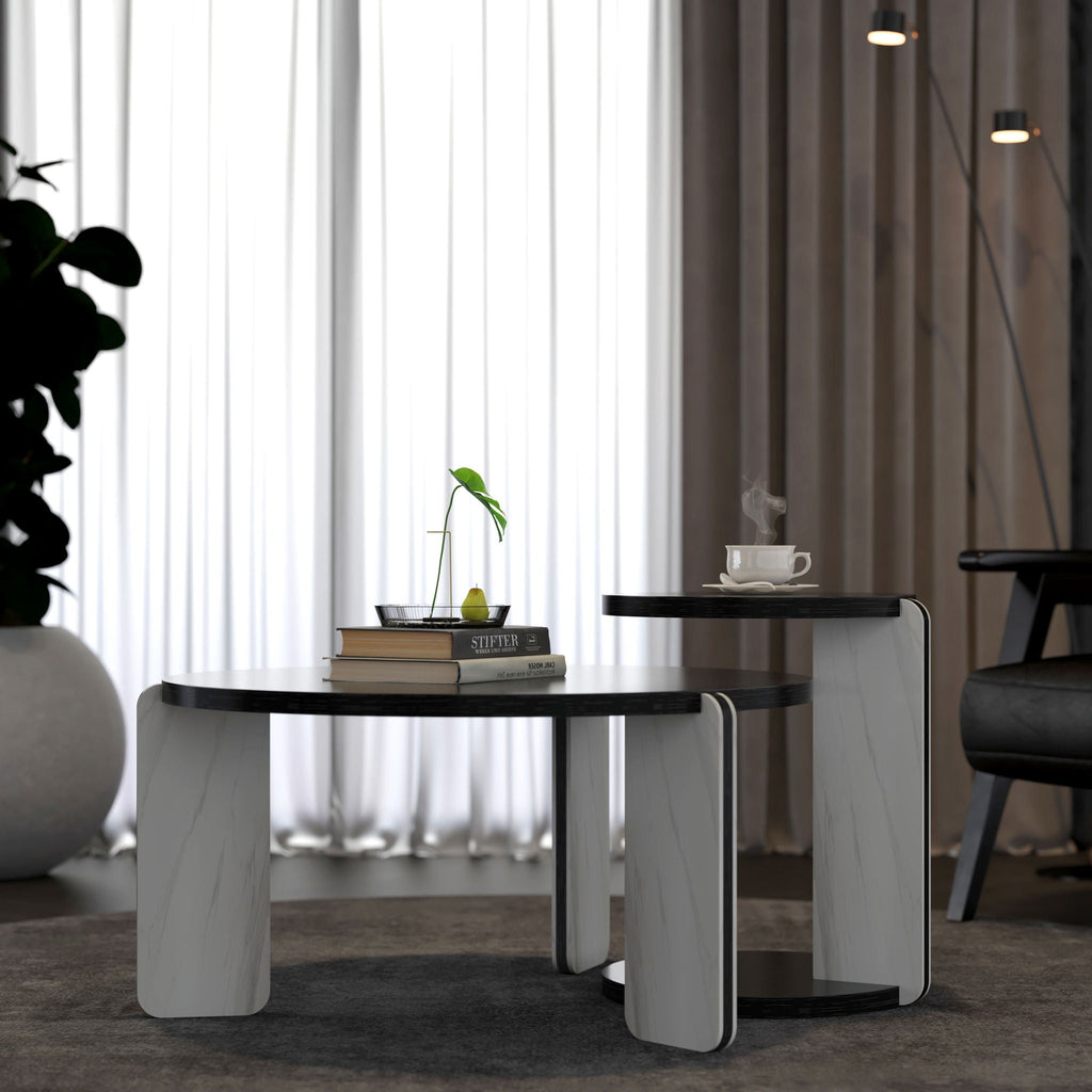 Round Coffee & End Table Set with Sintered Stone Legs - Black