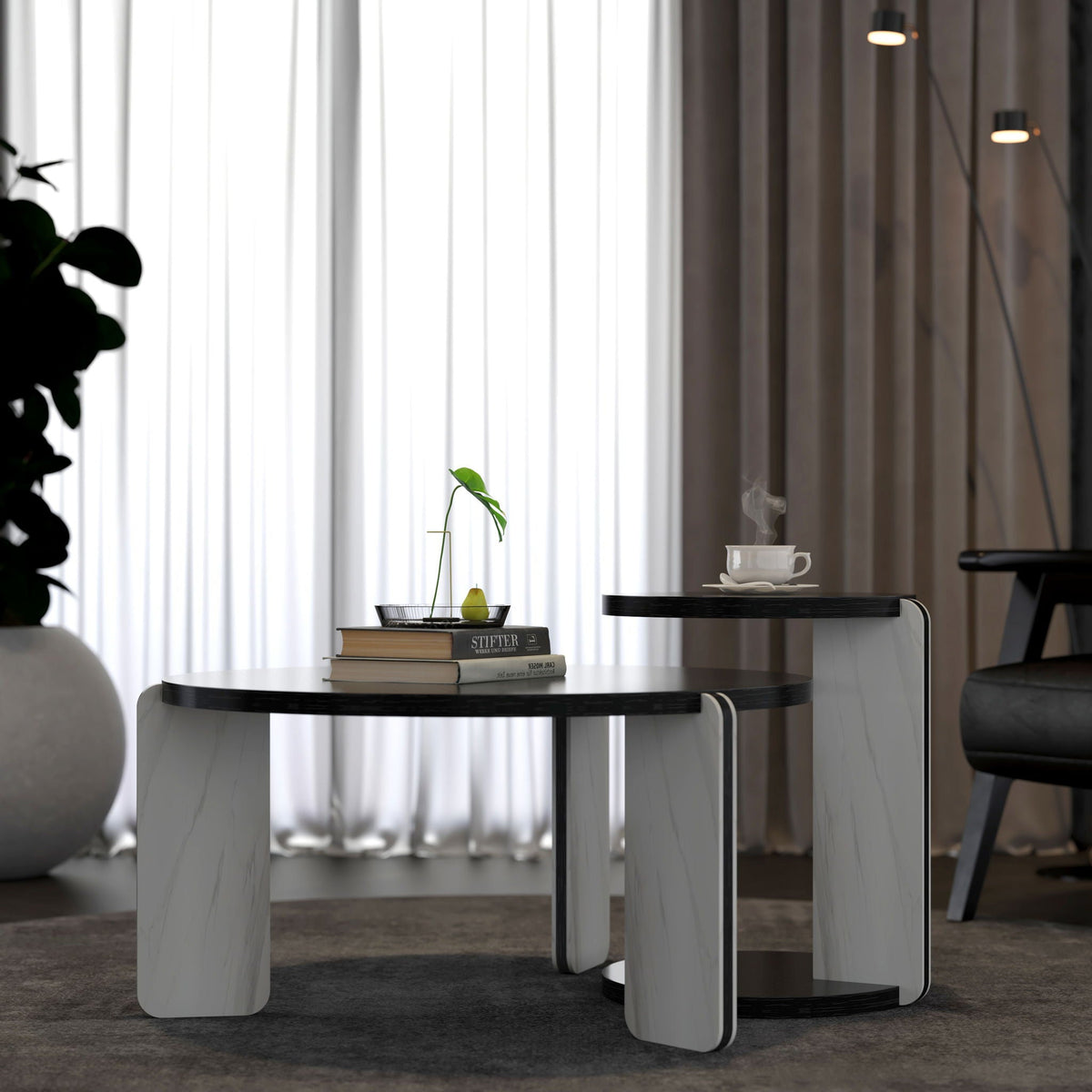 Round Coffee & End Table Set with Sintered Stone Legs - Black