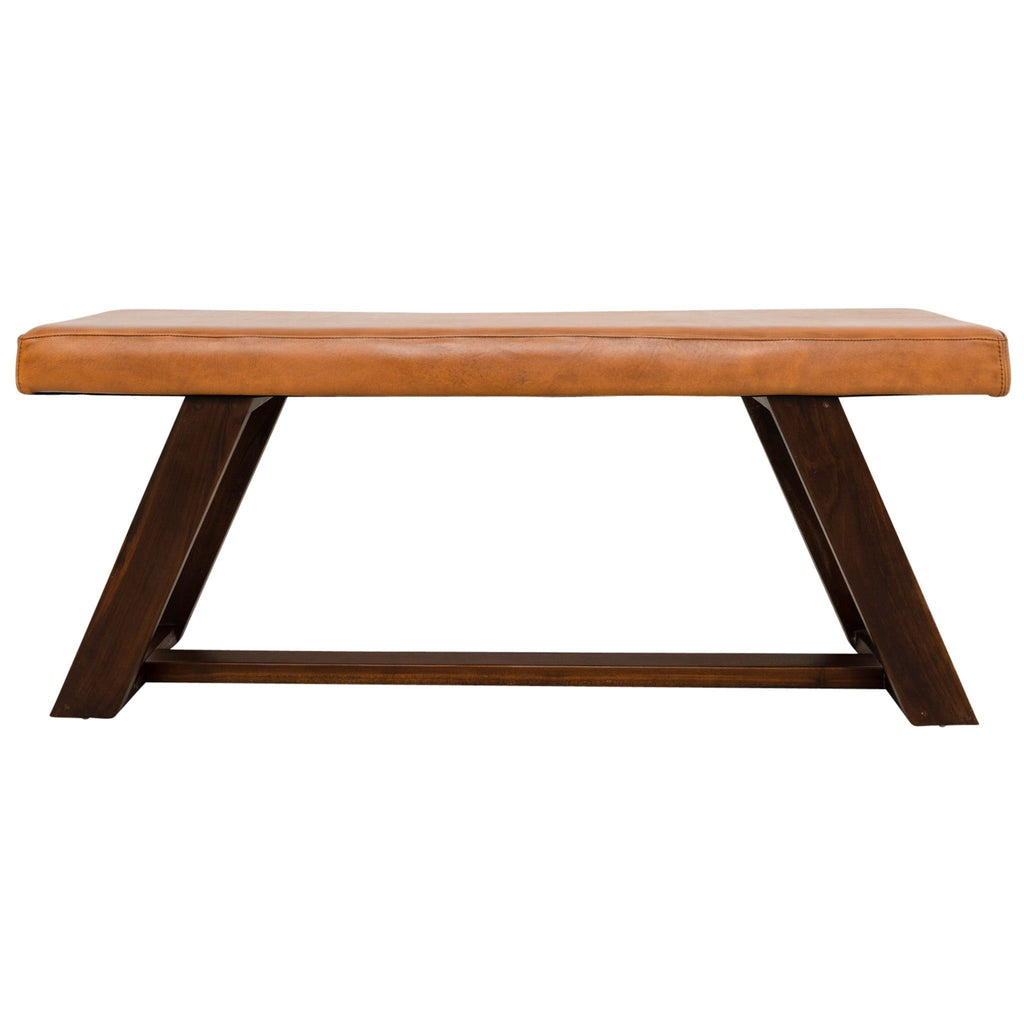 Light Brown Upholstered Bench with Hand Stitching - Genuine Material