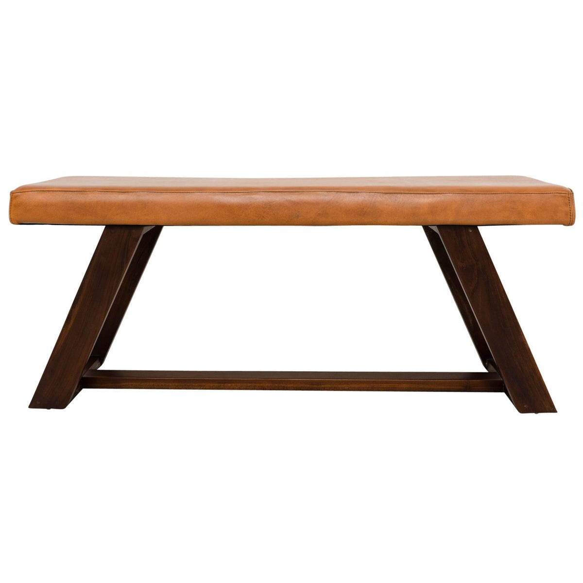 Light Brown Upholstered Bench with Hand Stitching - Genuine Material