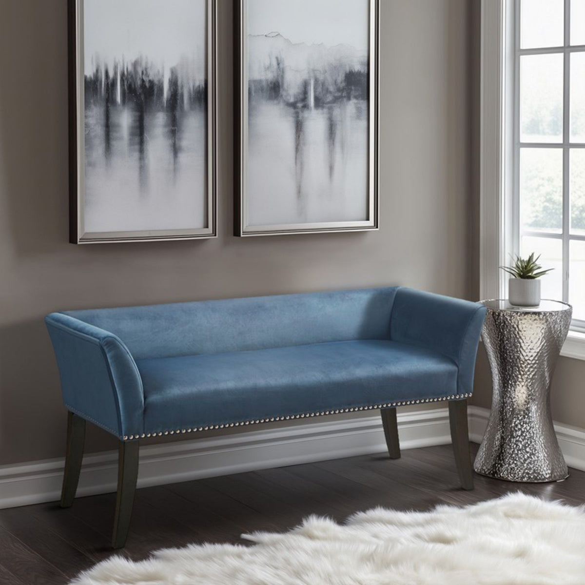 Welburn Upholstered Bench with Low Back and Flared Arms - Blue, Light Blue, or Beige