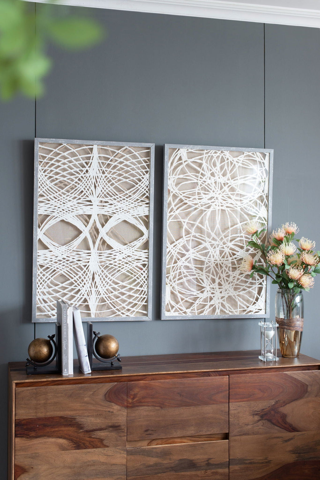Leaf Shadow Box Wall Decor Set with Intricate Paper Design - White / Gray
