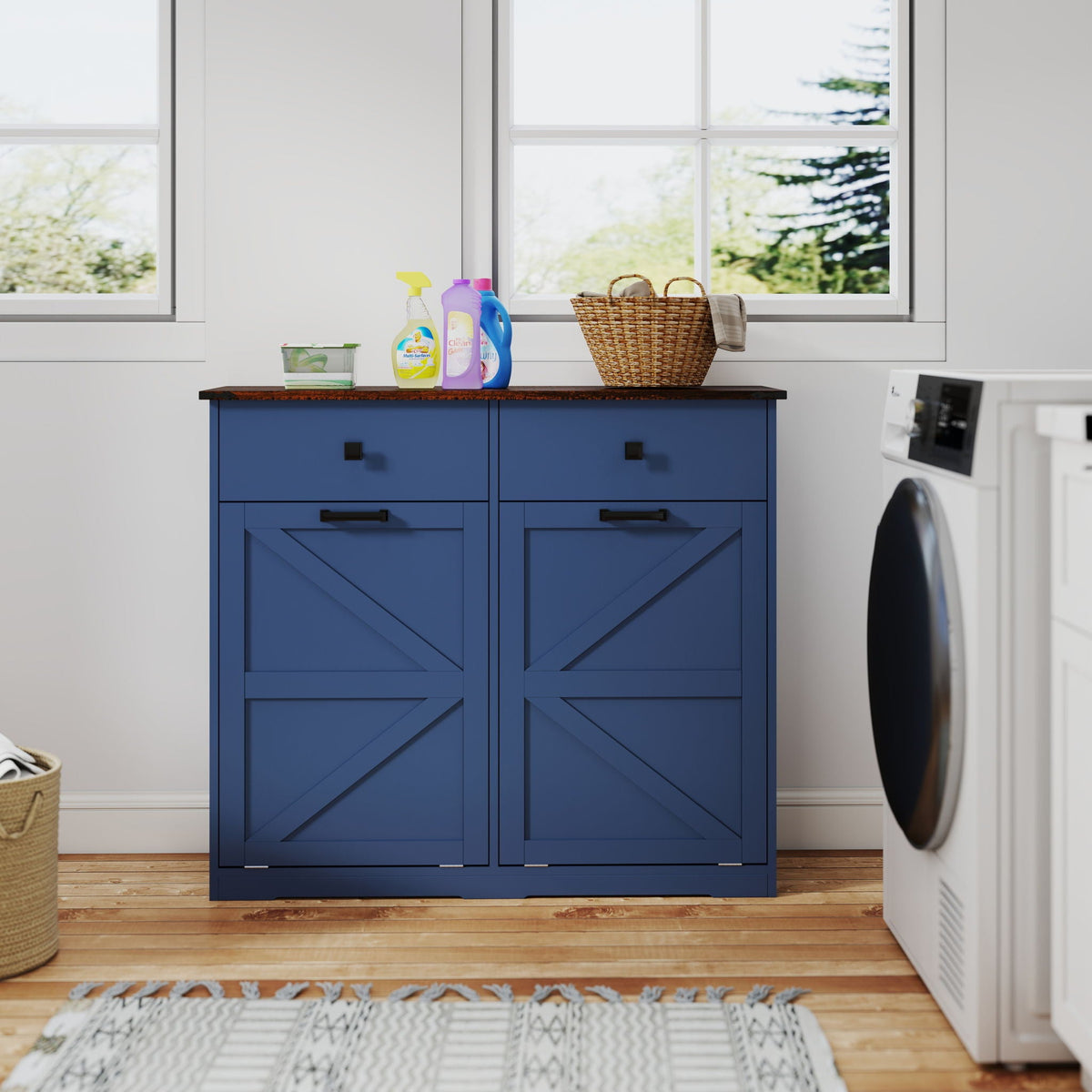 Double Tilt Out Trash Cabinet with Hideaway Drawer - Barn Door Style